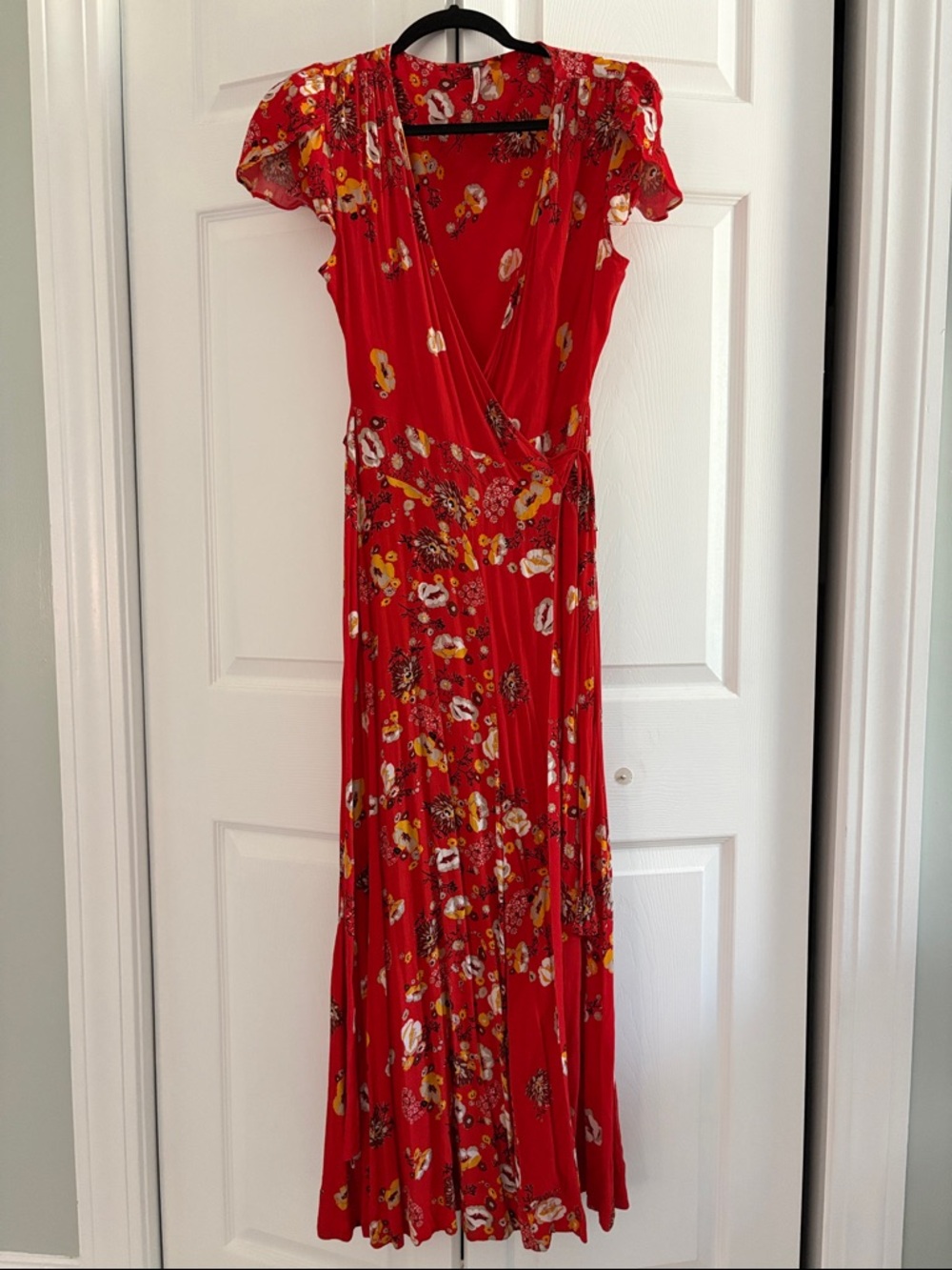 Free People Red Floral Wrap Midi Dress Puff Sleeves XS Boho Chic